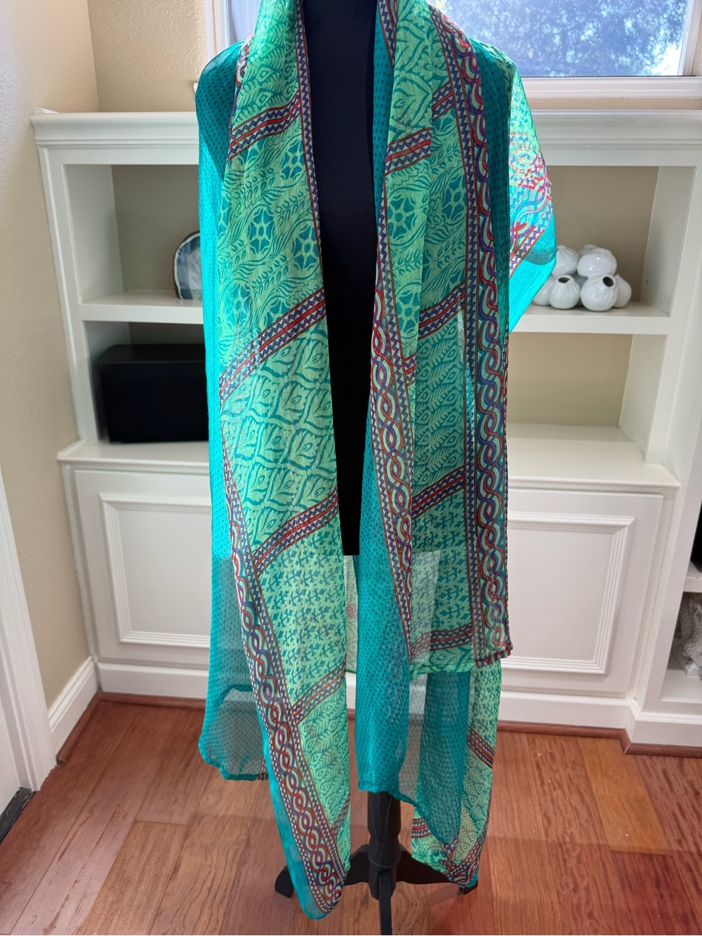 HUGE Scarf 3 X 7 Ft Lightweight Green Teal Patterned Scarf - Women Accessories - Picture 3 of 11